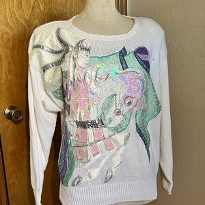 Vintage 1980s Fantasy Fairytale Horse Iridescent Appliqué Pastel Carousel Magic